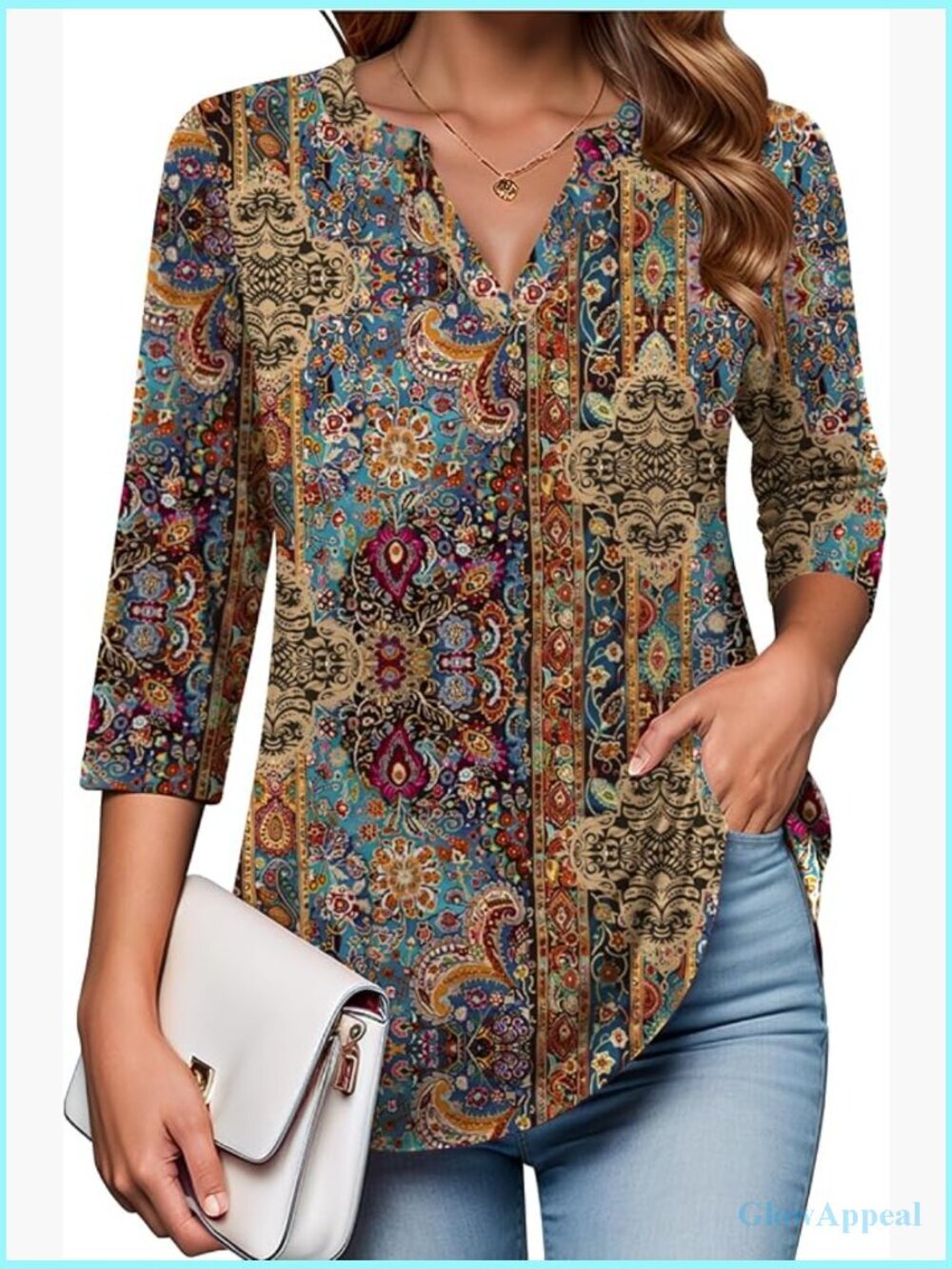 3/4 Sleeve V-Neck Tunic Blouse Floral Top Womens Dressy Casual Shirt
